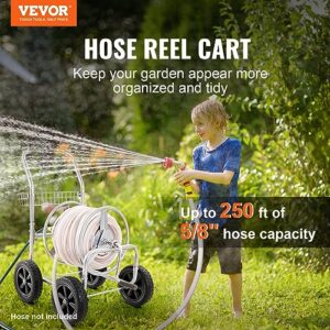 VEVOR Hose Reel Cart, Hold Up to 250 ft of 5/8’’ Hose, Garden Water Hose Carts Mobile Tools with 4 Wheels, Heavy Duty Powder-Coated Steel Outdoor Planting with Storage Basket, for Garden, Yard, Lawn