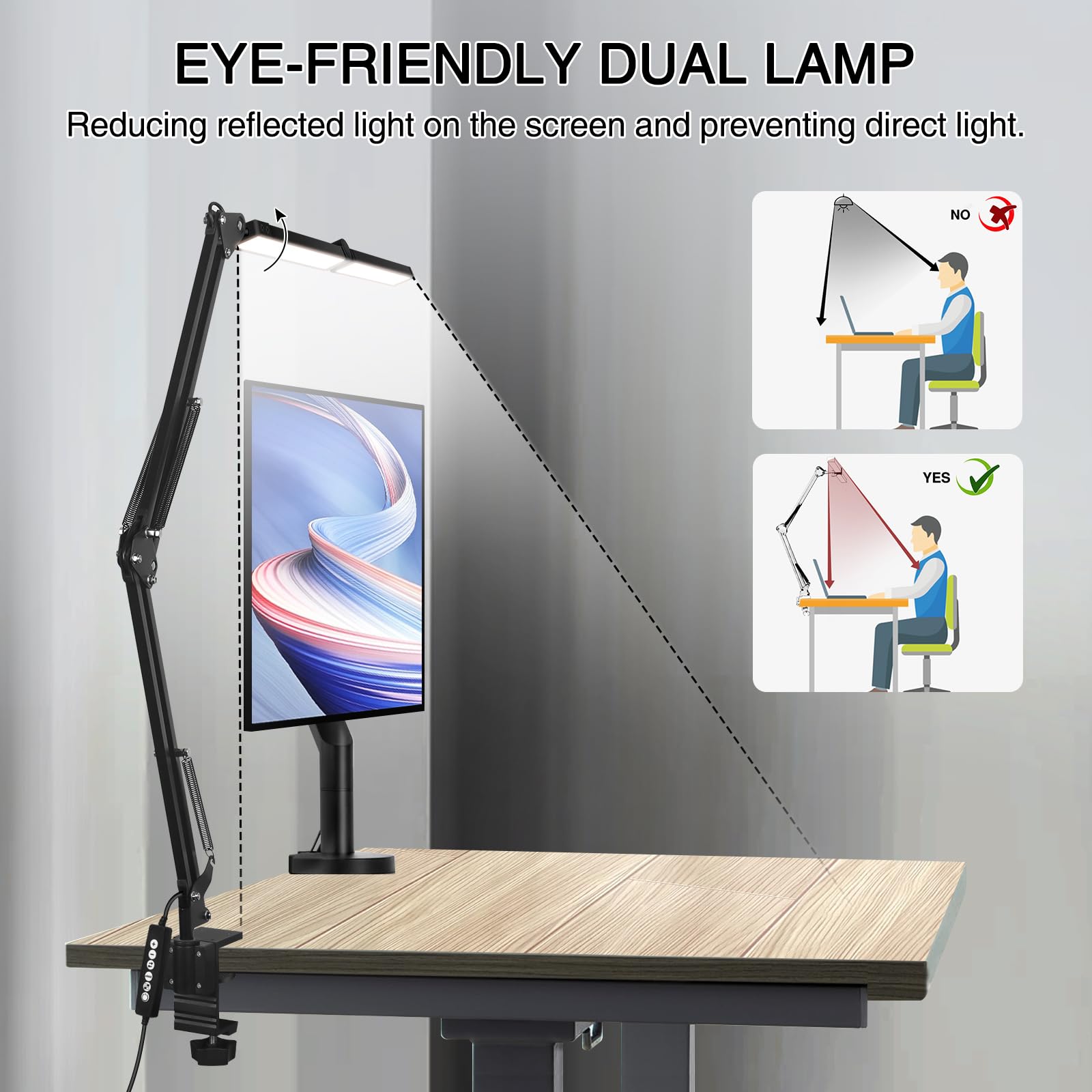 2-in-1 Desk Lamps for Home Office, 24W Large LED Desk Lamp with Remote Control, Double Head Computer Desk Lamp with Sleep Mode, 5 Colors Stepless Dimming Architect Workbench Light with Memory Function