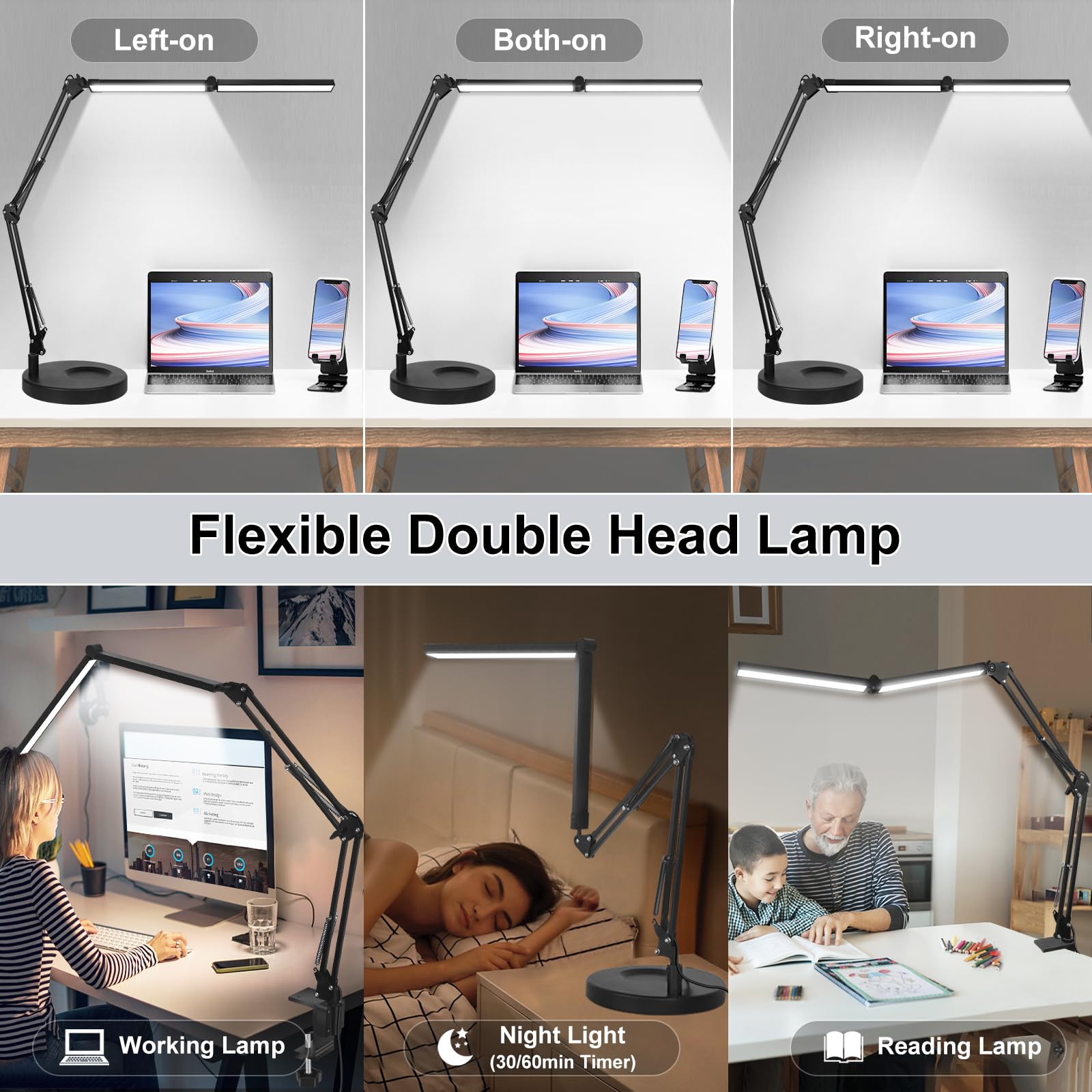 2-in-1 Desk Lamps for Home Office, 24W Large LED Desk Lamp with Remote Control, Double Head Computer Desk Lamp with Sleep Mode, 5 Colors Stepless Dimming Architect Workbench Light with Memory Function