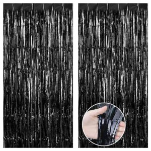 mehofond 2 pack 3.3x6.6ft black foil fringe backdrop curtain halloween black metallic tinsel streamers party decorations fringe backdrop for birthday baby shower new year party decor photo studio prop