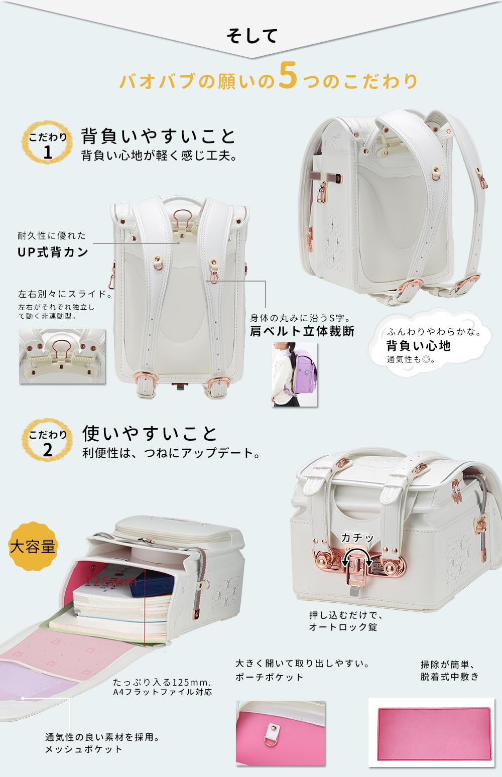 Baobab's wish Ransel Randoseru Backpack Semi-automatic satchel Japanese Elementary school bag for girls boys PU bab-rdjn01 (New White)