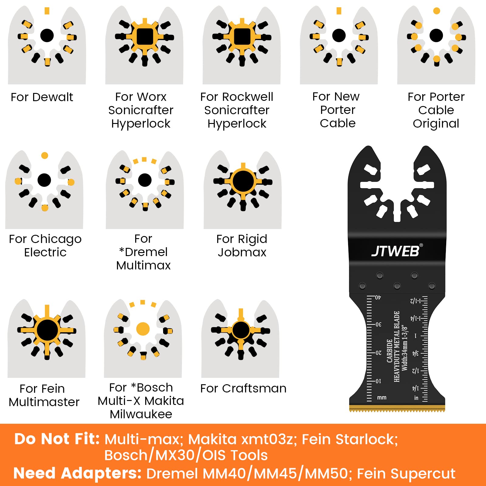 JTWEB Carbide Oscillating Tool Blades, Carbide Oscillating Saw Blades Multitool Blades Heavy Duty for Hard Material, Hardened Metal, Steel Nails, Bolts, Screws, Universal Multi Tool Blades Kits