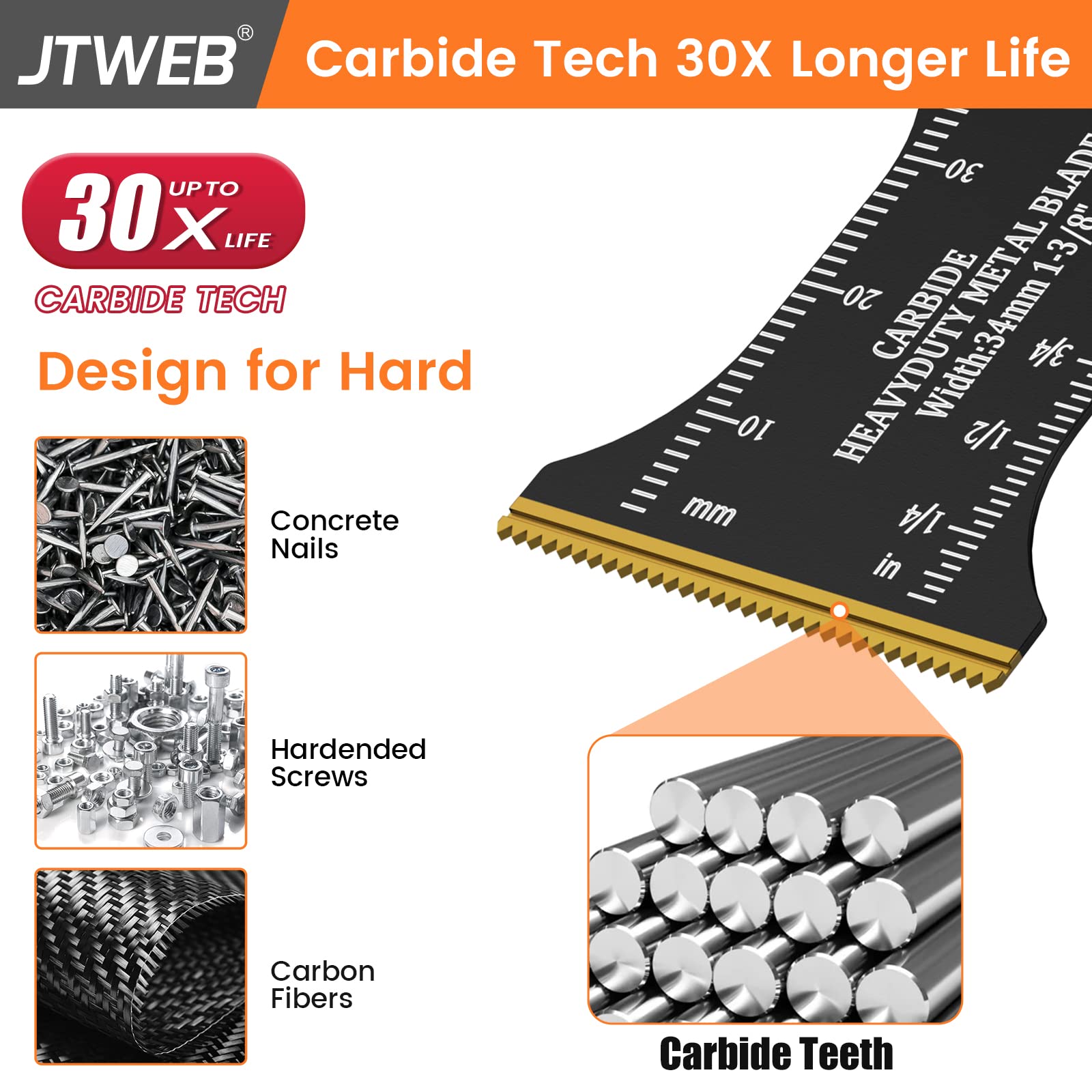 JTWEB Carbide Oscillating Tool Blades, Carbide Oscillating Saw Blades Multitool Blades Heavy Duty for Hard Material, Hardened Metal, Steel Nails, Bolts, Screws, Universal Multi Tool Blades Kits