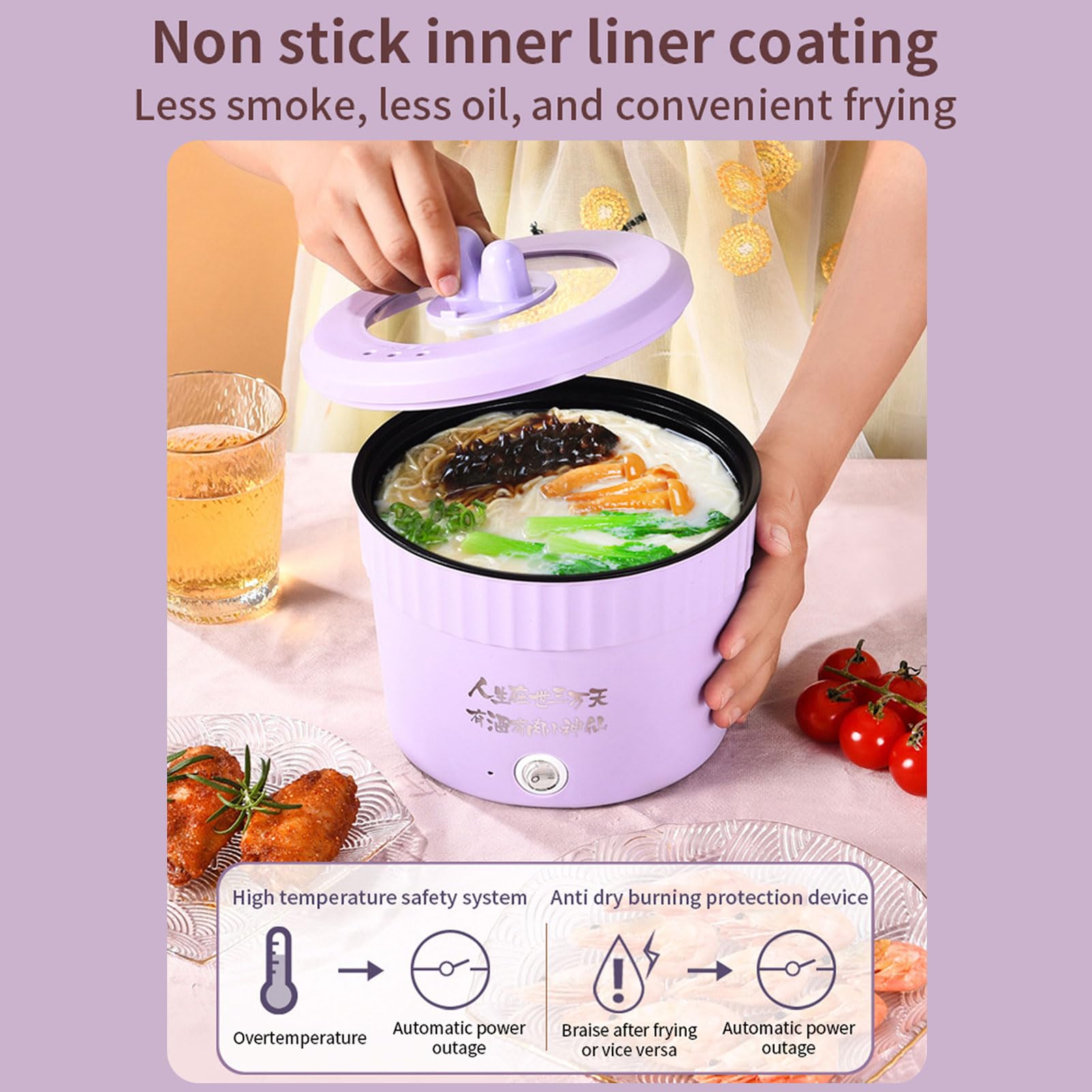 Mini Electric Cooker, Multifunctional Small Pot, Versatile Electric Hot Pot, 1.2L Multi Cooker Pan With Lid & Phone Holder,Portable Ramen Pot Cooker for Small Household Hot Pot (Purple)