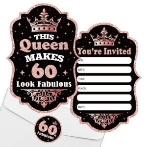 rewidparty 20 pack woman 60th birthday party invitation cards with envelopes & stickers, rose gold 60th birthday shaped fill-in invitations 60th birthday anniversary party invites supplies favors