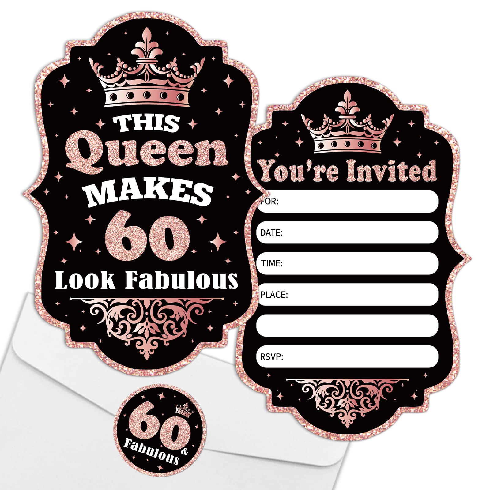 REWIDPARTY 20 Pack Woman 60th Birthday Party Invitation Cards with Envelopes & Stickers, Rose Gold 60th Birthday Shaped Fill-in Invitations 60th Birthday Anniversary Party Invites Supplies Favors