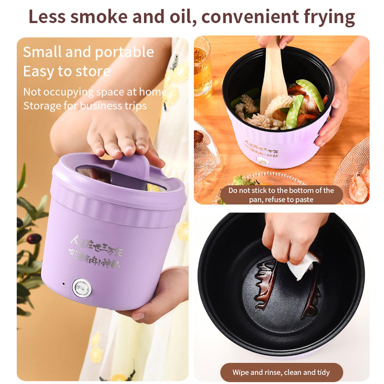 Mini Electric Cooker, Multifunctional Small Pot, Versatile Electric Hot Pot, 1.2L Multi Cooker Pan With Lid & Phone Holder,Portable Ramen Pot Cooker for Small Household Hot Pot (Purple)