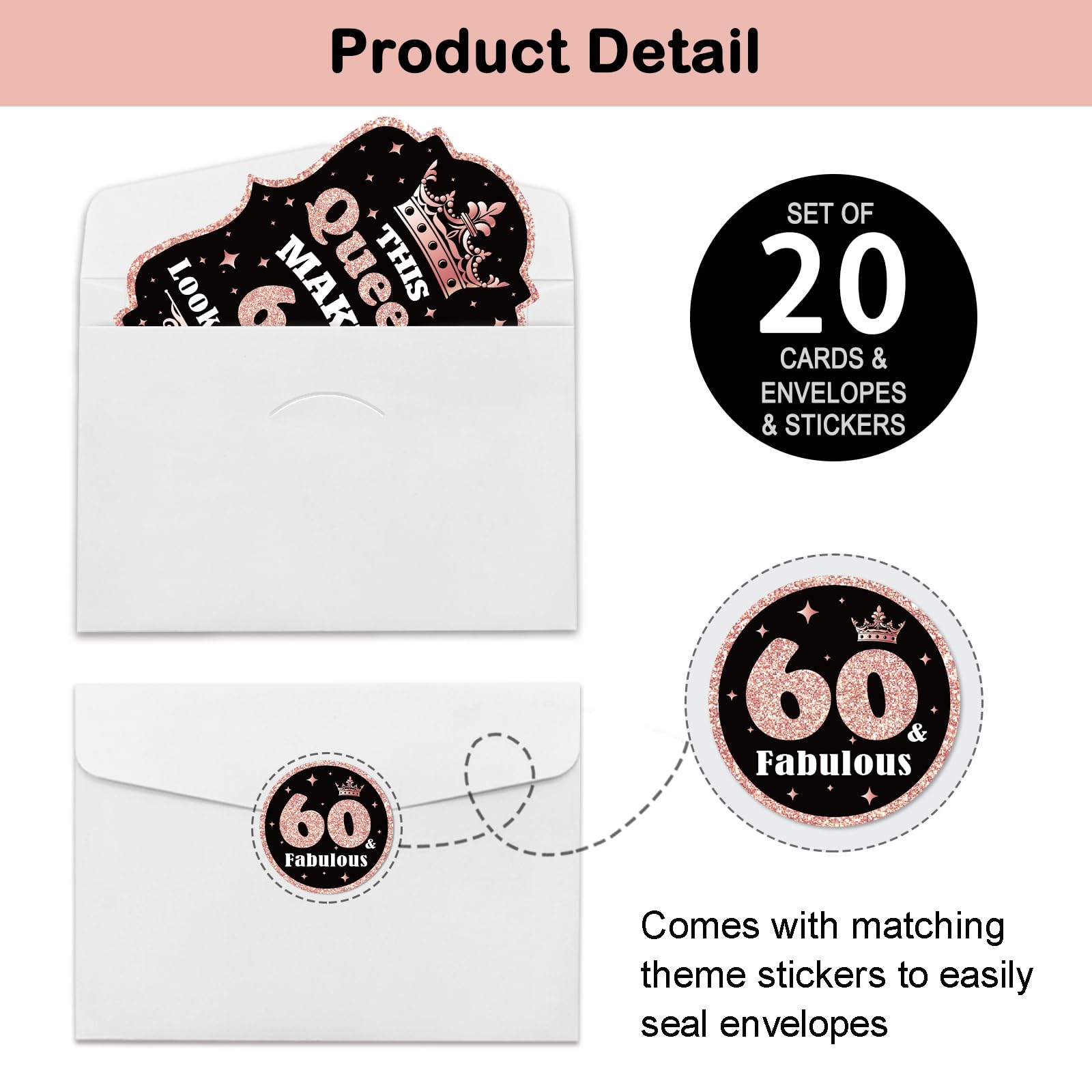 REWIDPARTY 20 Pack Woman 60th Birthday Party Invitation Cards with Envelopes & Stickers, Rose Gold 60th Birthday Shaped Fill-in Invitations 60th Birthday Anniversary Party Invites Supplies Favors