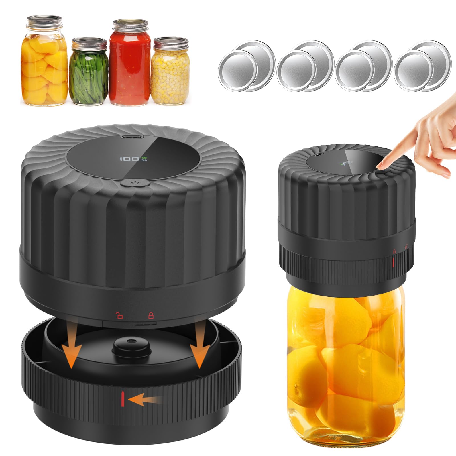 Electric Mason Jar Vacuum Sealer Kit for Wide and Regular Mouth, HUIJUTCHEN Cordless Mason Jar Sealer Vacuum Kit with LED Display for Power, Work Time, Auto Mason Jar Sealer Vacuum Kit for Foodsaver