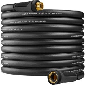 hybrid garden hose 100 ft x 5/8 in heavy duty water hoses,flexible and durable,no leaking pvc,rubber hose with pvc reliefs for backyard,3/4'' solid brass fittings