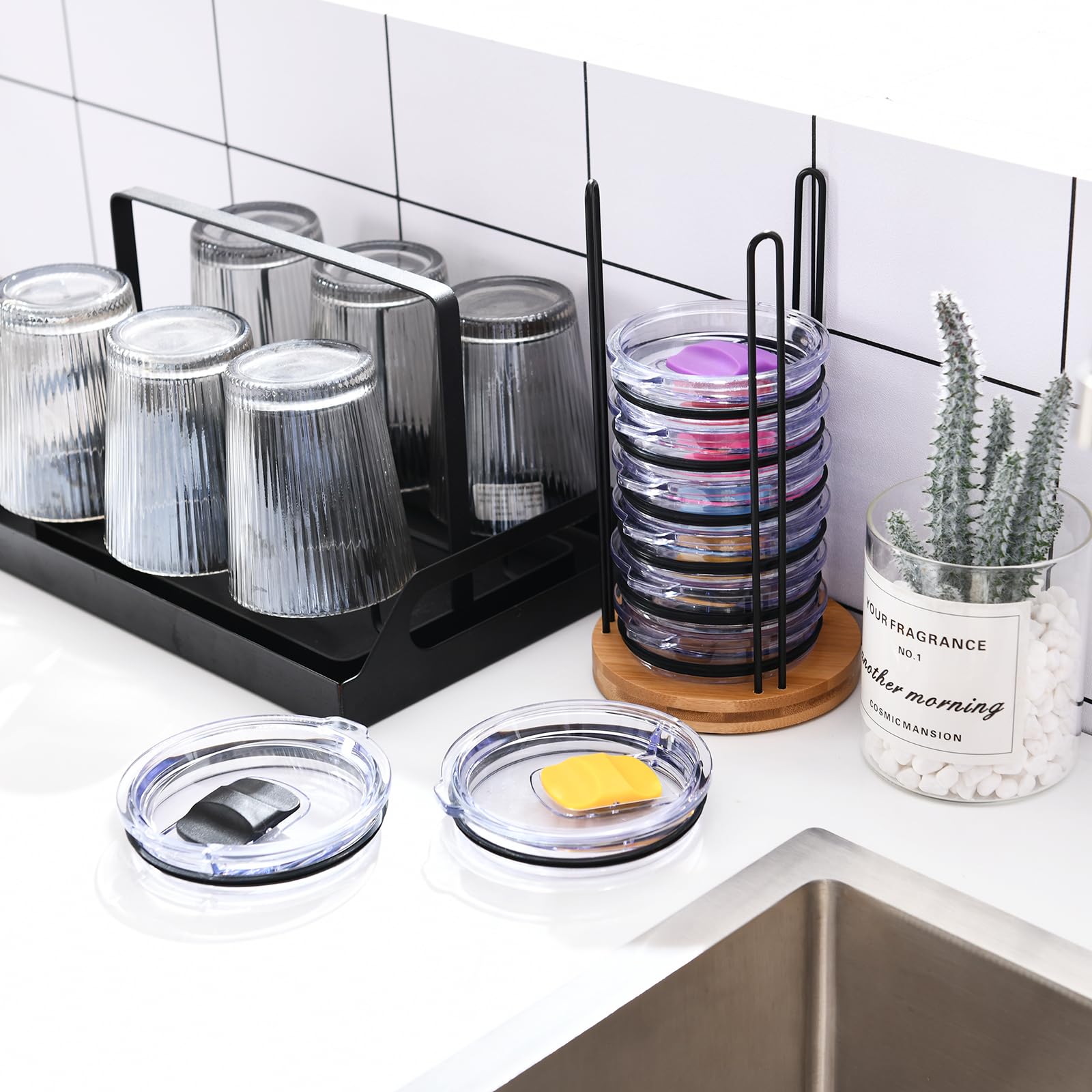 witarten Tumbler Lid Organizer, Detachable Bamboo Cup Lid， Vertical Storage for Up to 10 Lids，Keep Your Tumbler Lids Neatly Stored and Achieve Clutter-Free Cabinets and Countertops Organization