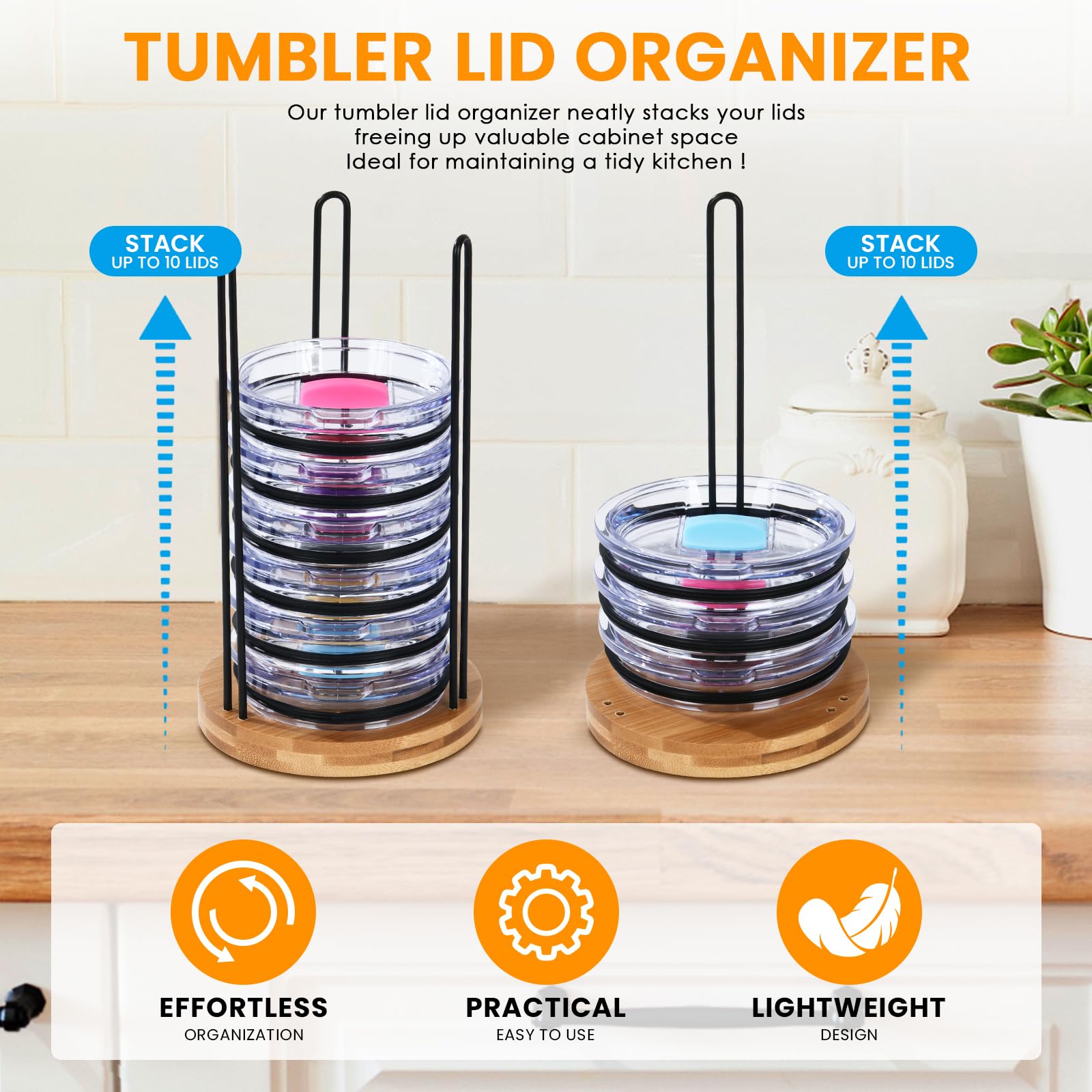 witarten Tumbler Lid Organizer, Detachable Bamboo Cup Lid， Vertical Storage for Up to 10 Lids，Keep Your Tumbler Lids Neatly Stored and Achieve Clutter-Free Cabinets and Countertops Organization