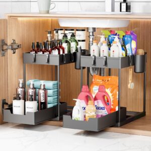 eyobe under sink organizer 2 pack, 2-tier sliding cabinet organizer with hooks and hanging cup, multi-use under sink organizers and storage for kitchen bathroom office laundry room, black