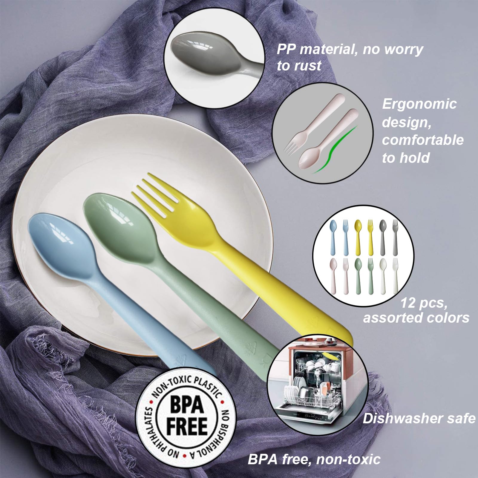 Muulaii Kids Spoons and Forks Toddler Utensils Plastics Reusable Silverware Baby Cutlery Set Feeding Dinnerware Utensils BPA Free Microwave Dishwasher and Freezer Safe