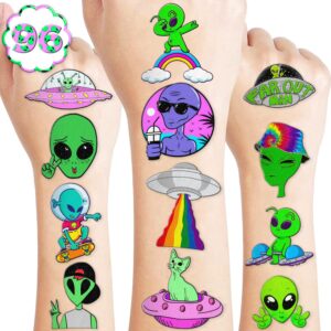 96pcs cute alien temporary tattoos themed birthday party decorations supplies favors decor funny outer space galaxy stickers tattoo gifts for girls boys school prizes carnival halloween christmas