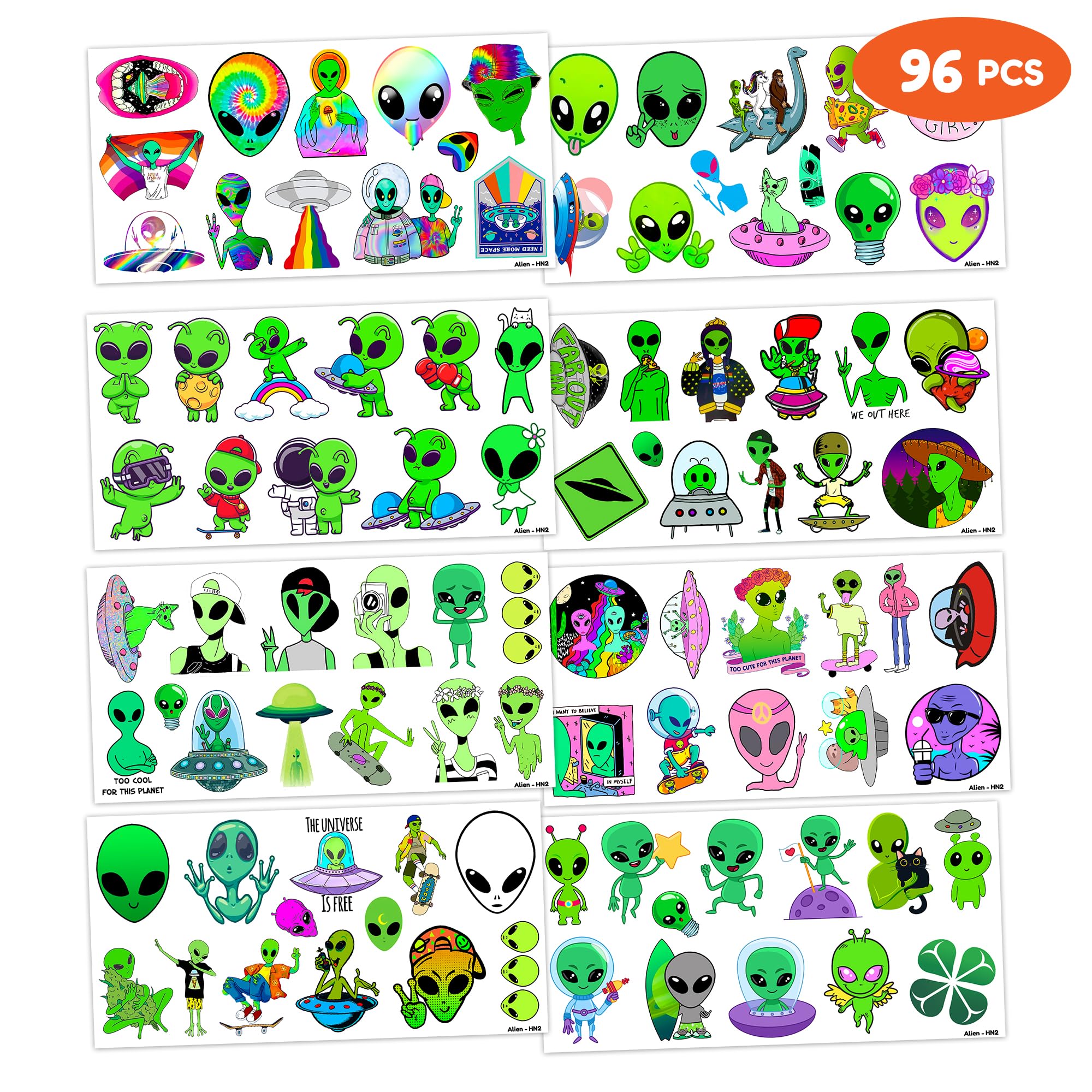 96PCS Cute Alien Temporary Tattoos Themed Birthday Party Decorations Supplies Favors Decor Funny Outer Space Galaxy Stickers Tattoo Gifts for Girls Boys School Prizes Carnival Halloween Christmas