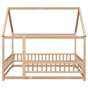 Eafurn Full Size Floor Bed for Kids, House Shape Wood Full Bed Frame with Roof and Fence-Shaped Guardrails for Toddlers Kids Boys Girls Teens, Box Spring Needed, Easy Assembly