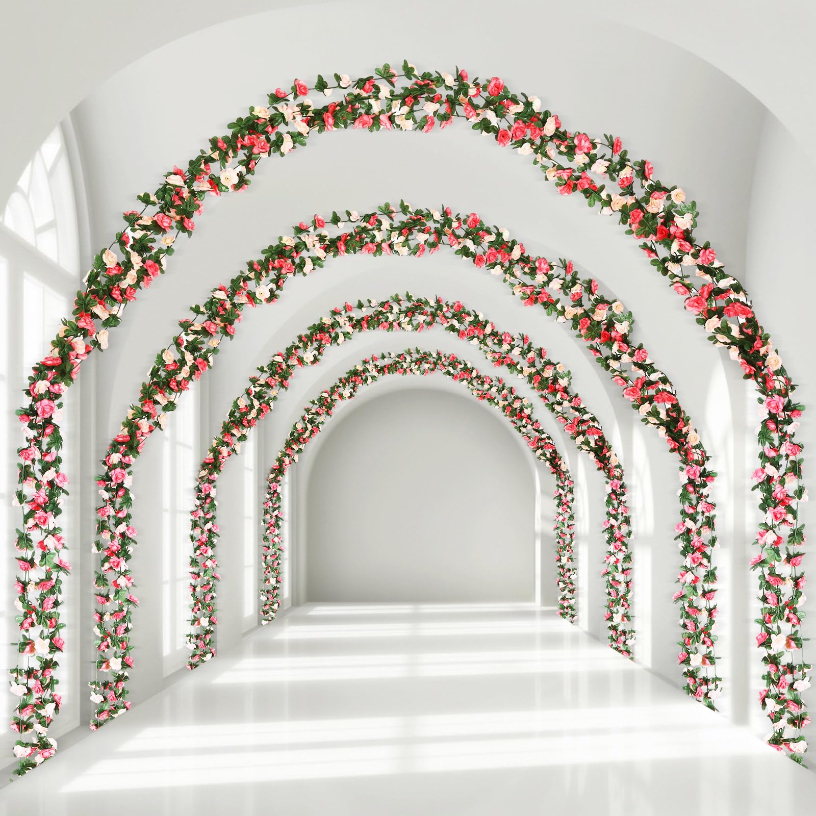 XunYee 24 Pcs 189Ft Flower Garland Artificial Rose Vines Hanging Rose Ivy Hanging Fake Rose Vines Garland Decorations for Room Wedding Birthday Christmas Wall Arch Garden Background Decor(Pink)