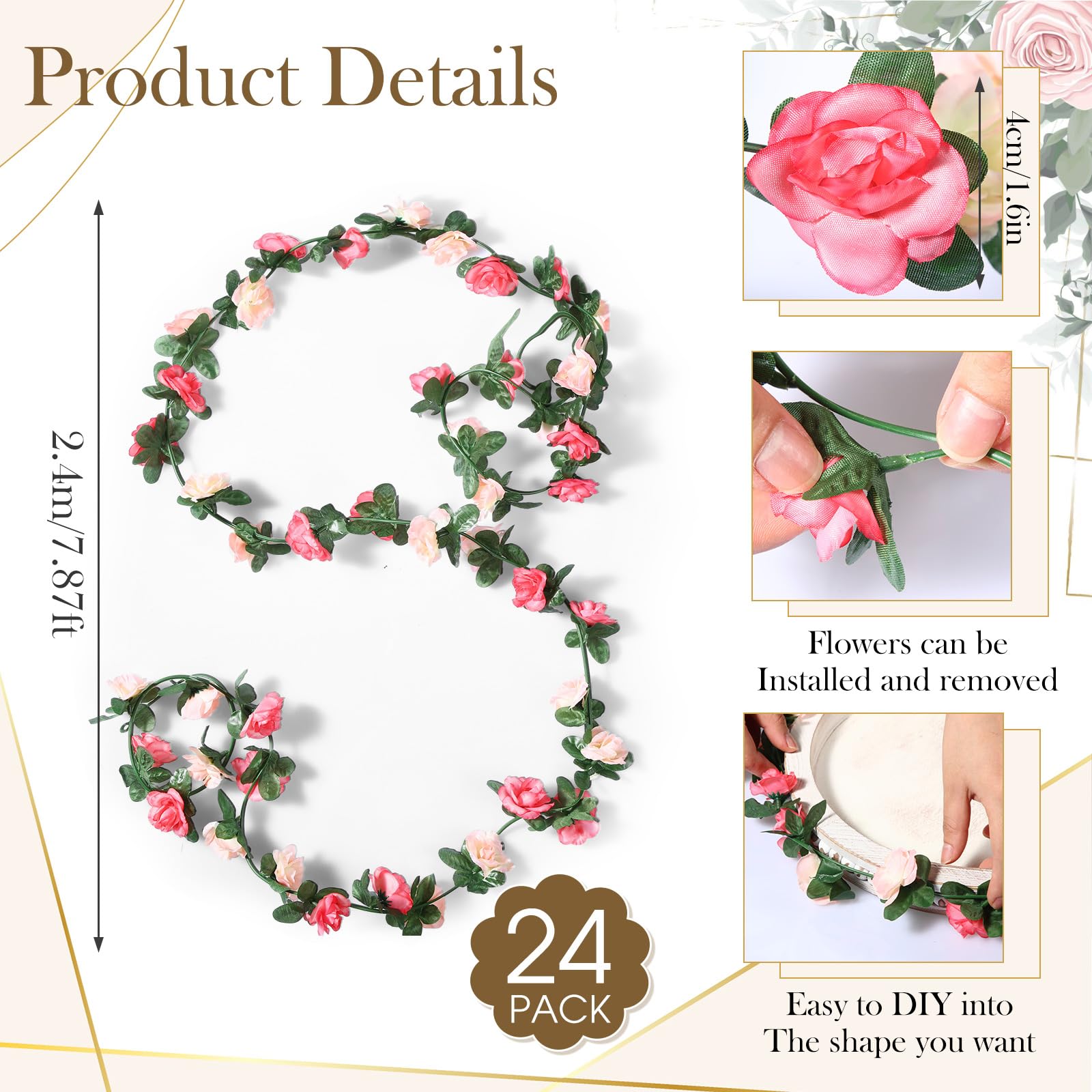 XunYee 24 Pcs 189Ft Flower Garland Artificial Rose Vines Hanging Rose Ivy Hanging Fake Rose Vines Garland Decorations for Room Wedding Birthday Christmas Wall Arch Garden Background Decor(Pink)