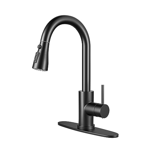 BASDEHEN Single Handle High Arc Matte Black Pull Out Kitchen Faucet, Single Level Stainless Steel Kitchen Sink Faucet with Pull Down Sprayer and 10 Inch Deck (Matte Black)