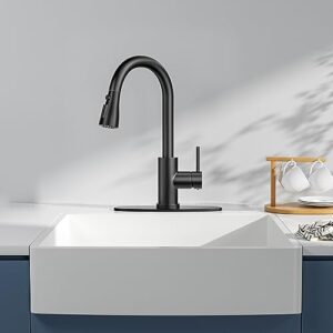 BASDEHEN Single Handle High Arc Matte Black Pull Out Kitchen Faucet, Single Level Stainless Steel Kitchen Sink Faucet with Pull Down Sprayer and 10 Inch Deck (Matte Black)