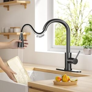 BASDEHEN Single Handle High Arc Matte Black Pull Out Kitchen Faucet, Single Level Stainless Steel Kitchen Sink Faucet with Pull Down Sprayer and 10 Inch Deck (Matte Black)