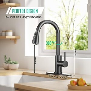 BASDEHEN Single Handle High Arc Matte Black Pull Out Kitchen Faucet, Single Level Stainless Steel Kitchen Sink Faucet with Pull Down Sprayer and 10 Inch Deck (Matte Black)