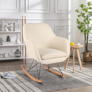 tuomur modern rocking chair nursery, teddy fabric upholstered glider rocker with high backrest and armrests, nursing chair, comfy glider chair for living room, bedroom, offices, ivory