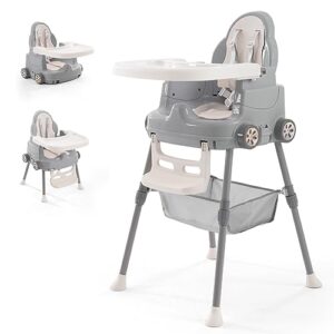 Baby High Chair,Adjustable Convertible 3 in 1 Baby High Chairs Baby Toddlers Feeding Chair Booster,5-Point Harness,Removable Tray&PU Cushion (Gray)