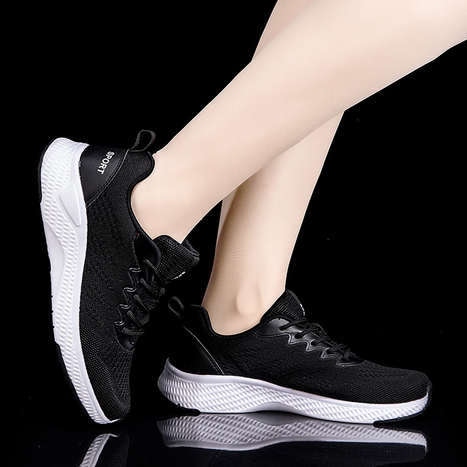 Womens Sneakers Durable Non Slip Sneakers Casual Breathable Round Toe Tennis Shoes Fashion Wide Fitting Sneakers Loafers Ladies Lightweight Soft Sole Running Hiking Jogging Shoes Black