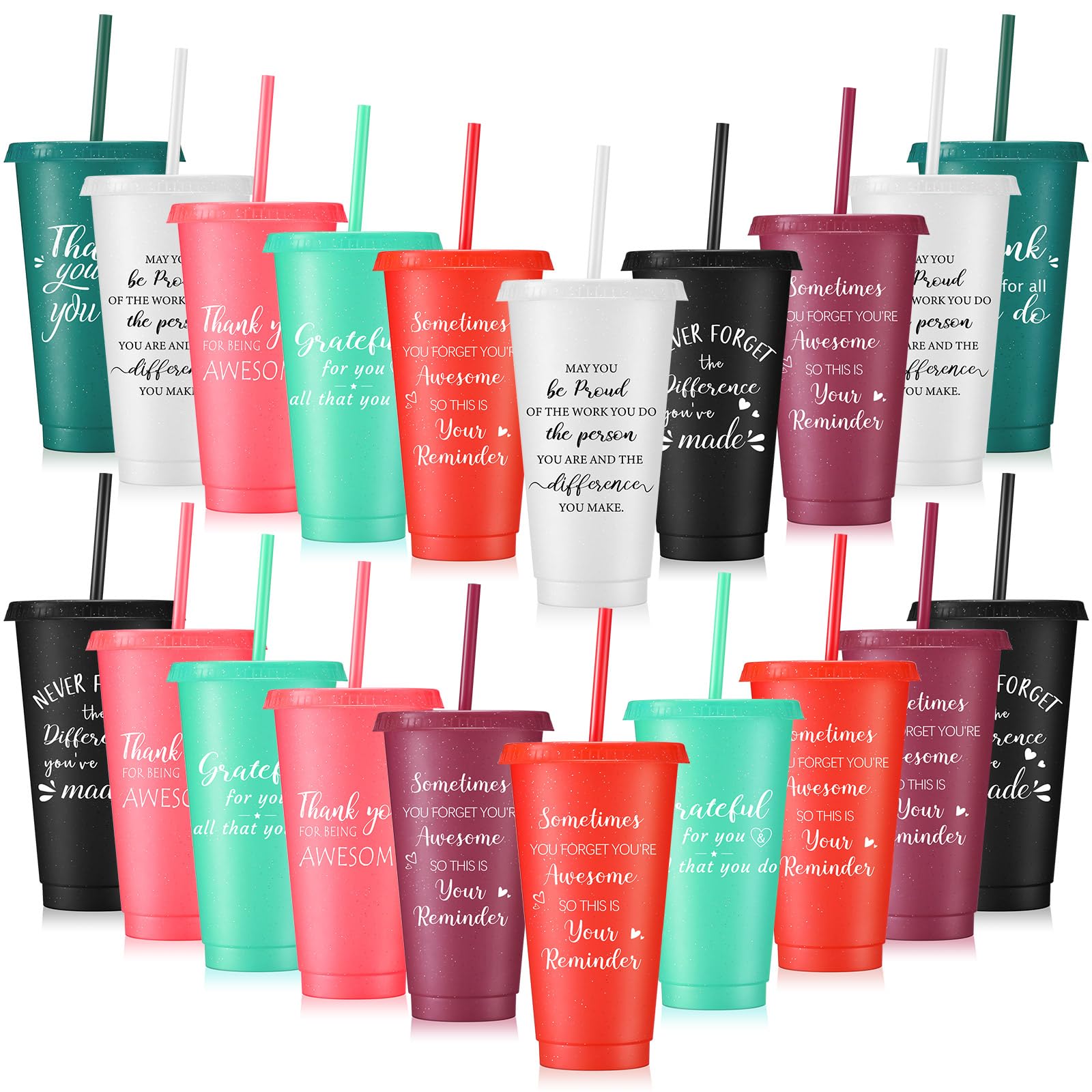 Zhehao 20 Pcs Thank You Cup Tumblers Employee Appreciation Gifts Bulk, 24 oz Plastic Coffee Cups with Straws and Lids, Team Gifts for Staff Coworker Friends(Bright Colors)