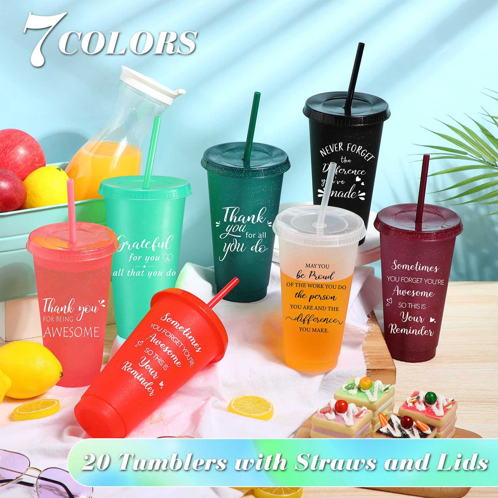 Zhehao 20 Pcs Thank You Cup Tumblers Employee Appreciation Gifts Bulk, 24 oz Plastic Coffee Cups with Straws and Lids, Team Gifts for Staff Coworker Friends(Bright Colors)