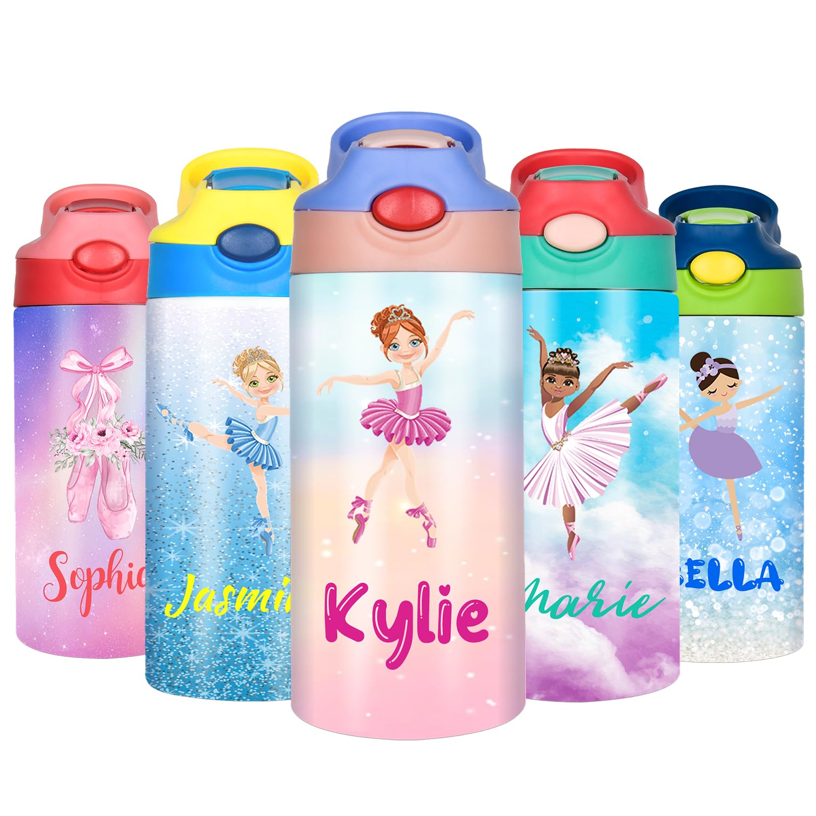 Yibanda Personalized Ballerina Gift Custom Dance Water Bottle with Name Straw Lid Customized Ballet Tumbler Dancer Cup Gifts for Ballerina Girls Kids Women 12oz