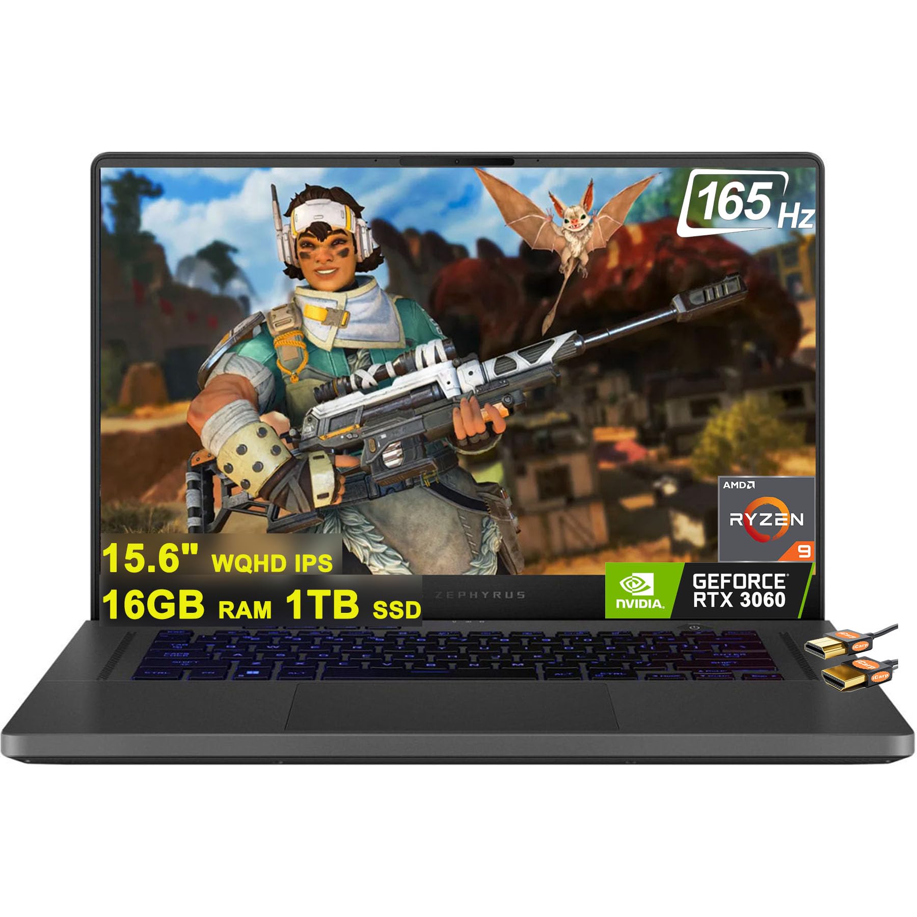 Asus ROG Zephyrus G15 Gaming Laptop 15.6" WQHD IPS 165Hz (100% DCI-P3) AMD Octa-Core Ryzen 9 6900HS (>i7-11370H) 40GB RAM 1TB SSD GeForce RTX 3060 6GB Graphic USB-C Backlit Win11 Black + HDMI Cable