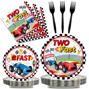 kepeel 96pcs two fast birthday party supplies, race car 2nd party plates and napkins sets for kids boys race track racing sports themed two years old party baby shower decorations favors, serves 24