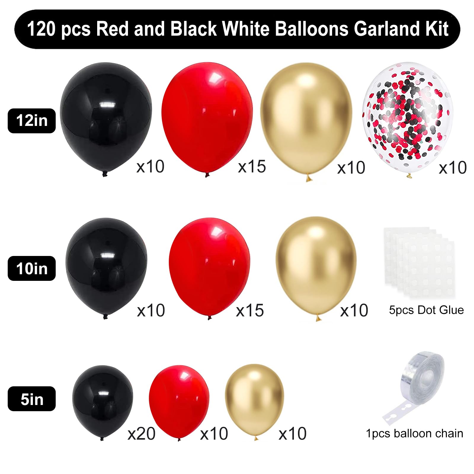 Red and Black Balloons, 120pcs Red and Black Gold Balloon Garland Arch Kit for Casino Theme Party Decorations, New Year, Hollywood Theme Party Decoration