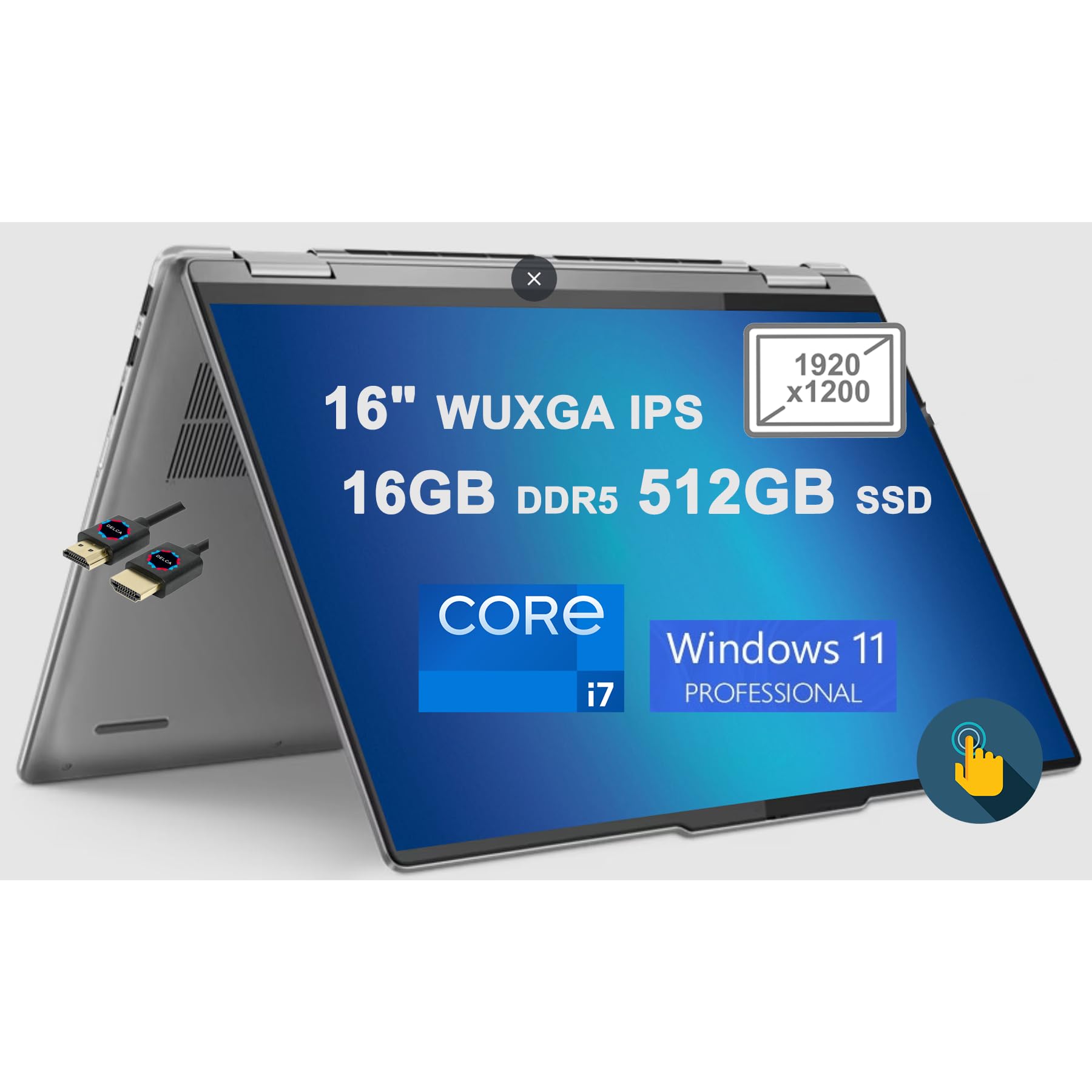 Lenovo Yoga 7i 16 2-in-1 Laptop | 16" WUXGA IPS Multi-Touch (300 nits) | 13th Gen Intel 10-Core i7-1355U | 16GB DDR5 512GB SSD | Backlit Fingerprint Thunderbolt HDMI Win11Pro Gray + HDMI Cable