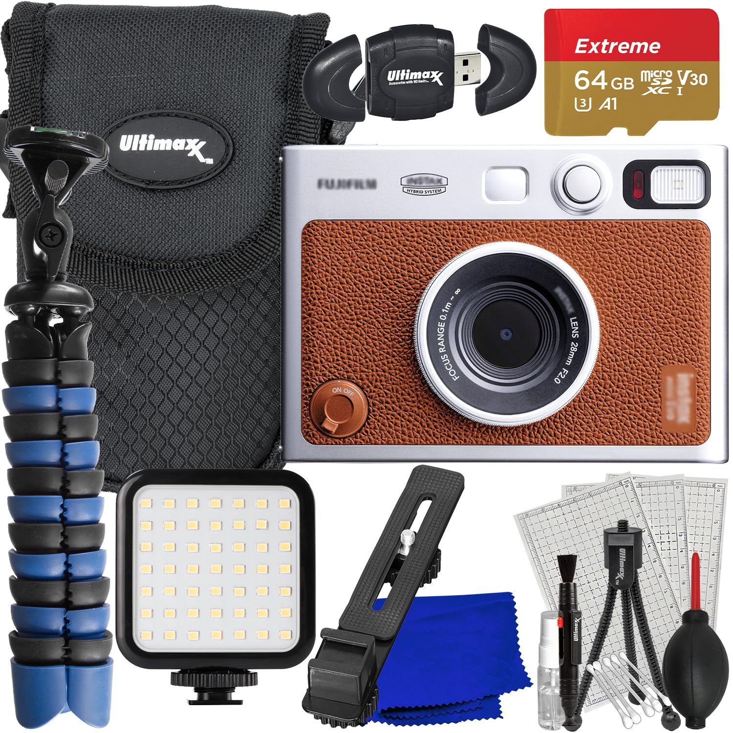 Ultimaxx Advanced FUJIFILM INSTAX MINI EVO Hybrid Instant Camera Bundle (Brown): 64GB Extreme microSD Memory Card, Mini Tripod, Ultra-Bright LED Light Kit, Point-and-Shoot Case &Much More(15pc Bundle)