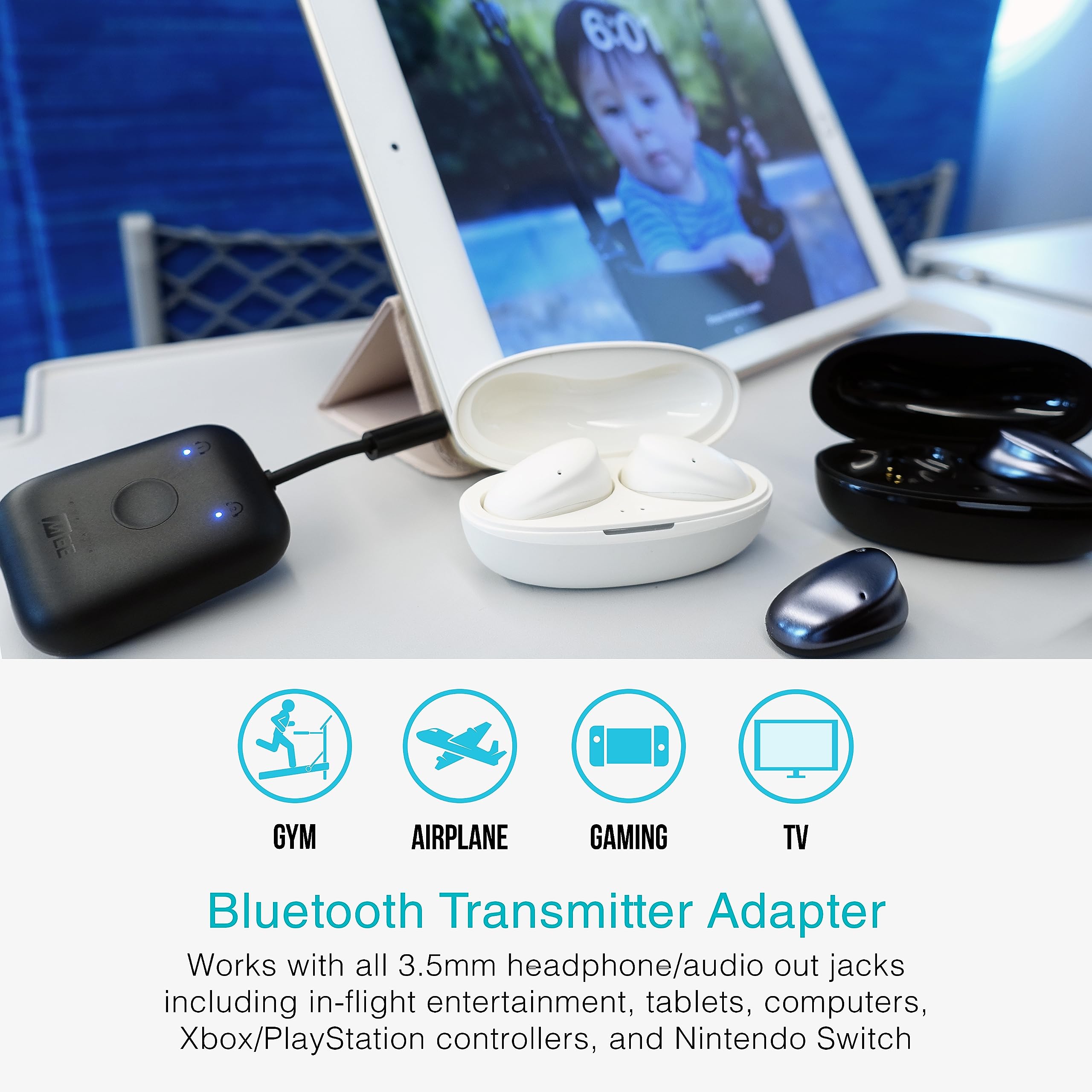 MEE audio Connect Air in-Flight Bluetooth Wireless Audio Transmitter Adapter for up to 2 AirPods/Other Headphones; Works with All 3.5mm Aux Jacks on Airplanes, Gym Equipment, TVs, & Gaming Consoles