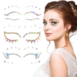 zzxllro 3 sets star face stickers jewels, holographic face gems stick on, eyeliner stickers, pearls makeup rhinestones for women girls eye halloween cosplay rave club party