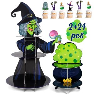 2 set halloween witch cupcake stand decorations, 3 - tier cardboard cauldron tray holder plus 24 cake toppers birthday party supplies decor（assembly needed）