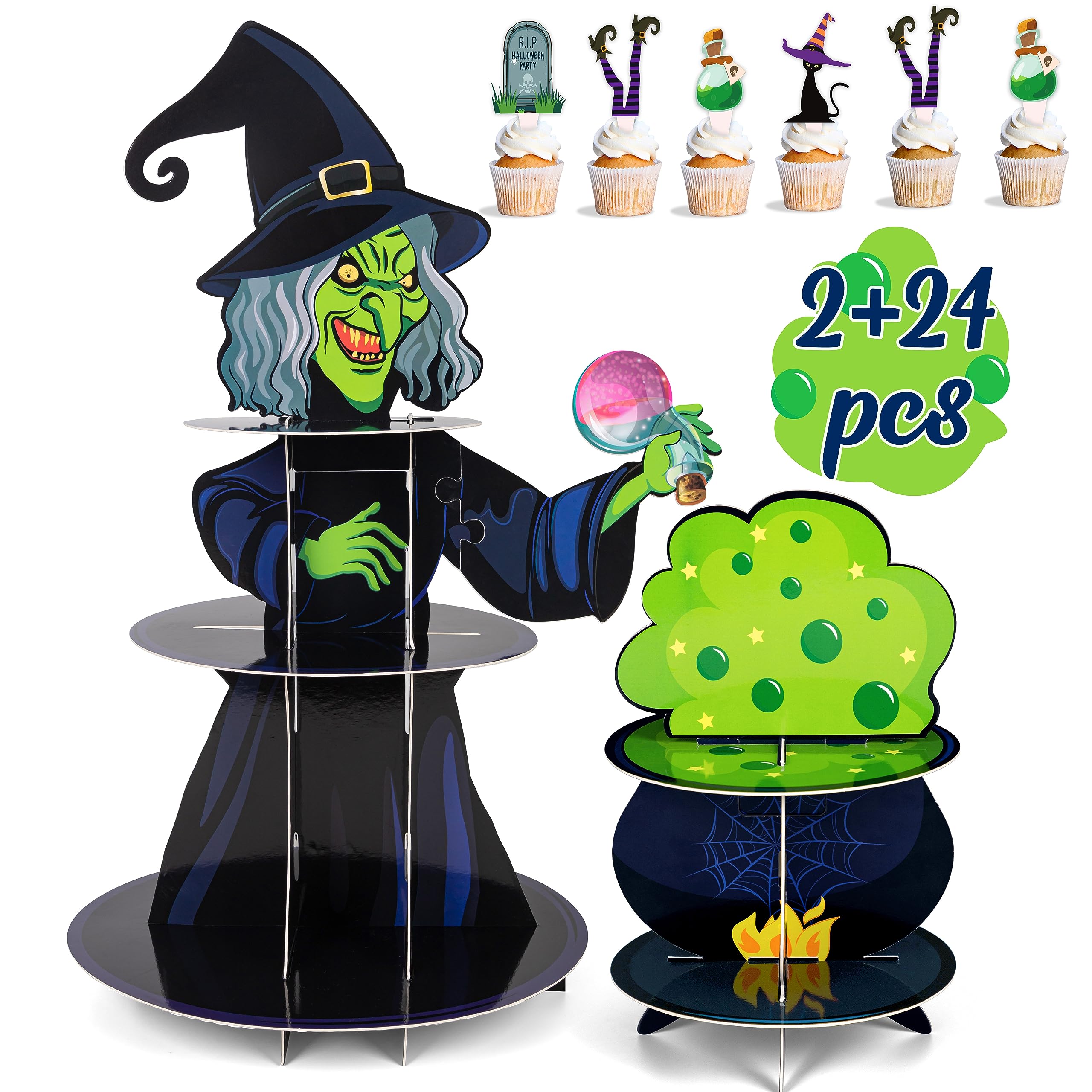 2 Set Halloween Witch Cupcake Stand Decorations, 3 - Tier Cardboard Cauldron Tray Holder Plus 24 Cake Toppers Birthday Party Supplies Decor（Assembly Needed）