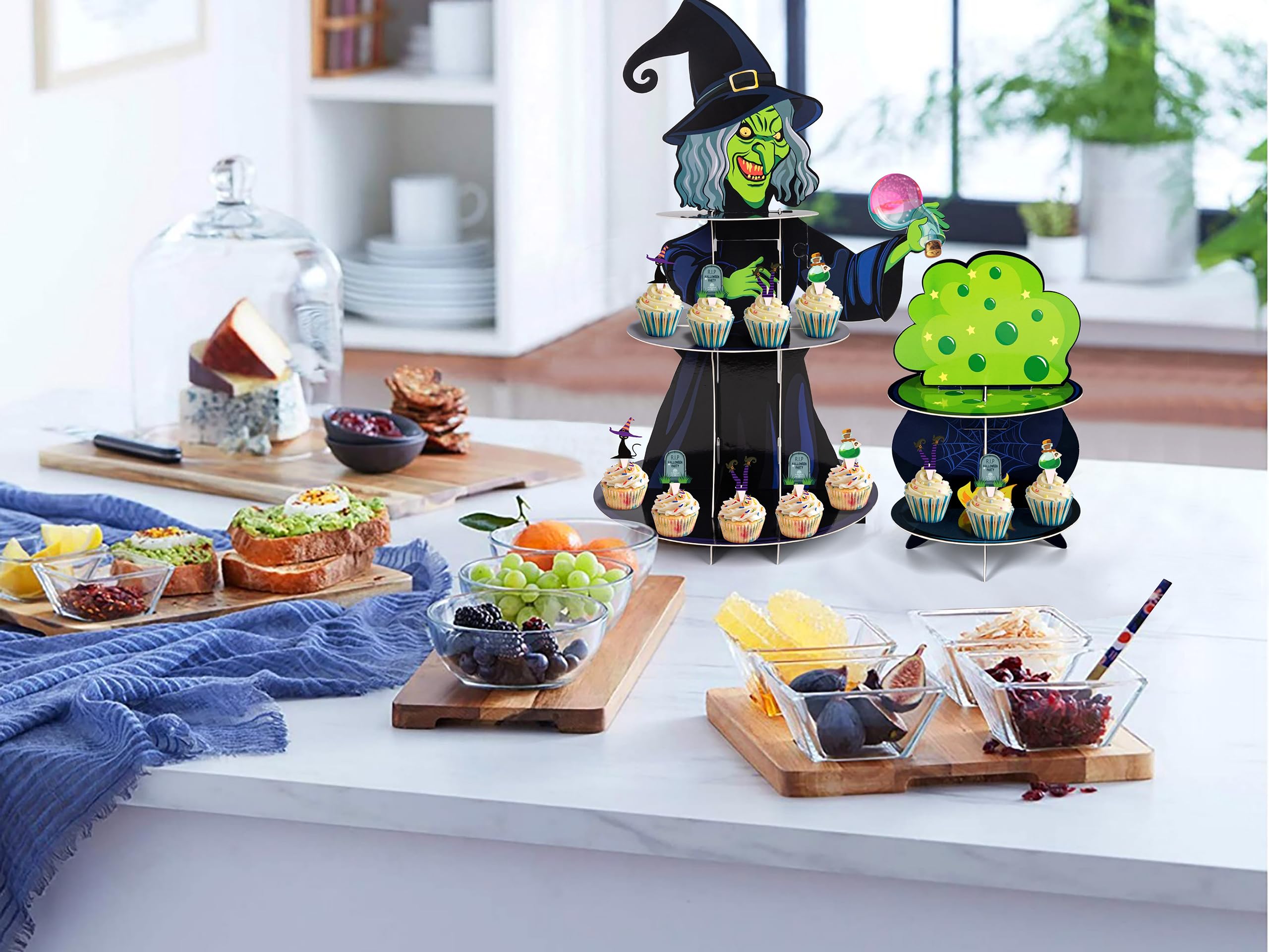 2 Set Halloween Witch Cupcake Stand Decorations, 3 - Tier Cardboard Cauldron Tray Holder Plus 24 Cake Toppers Birthday Party Supplies Decor（Assembly Needed）