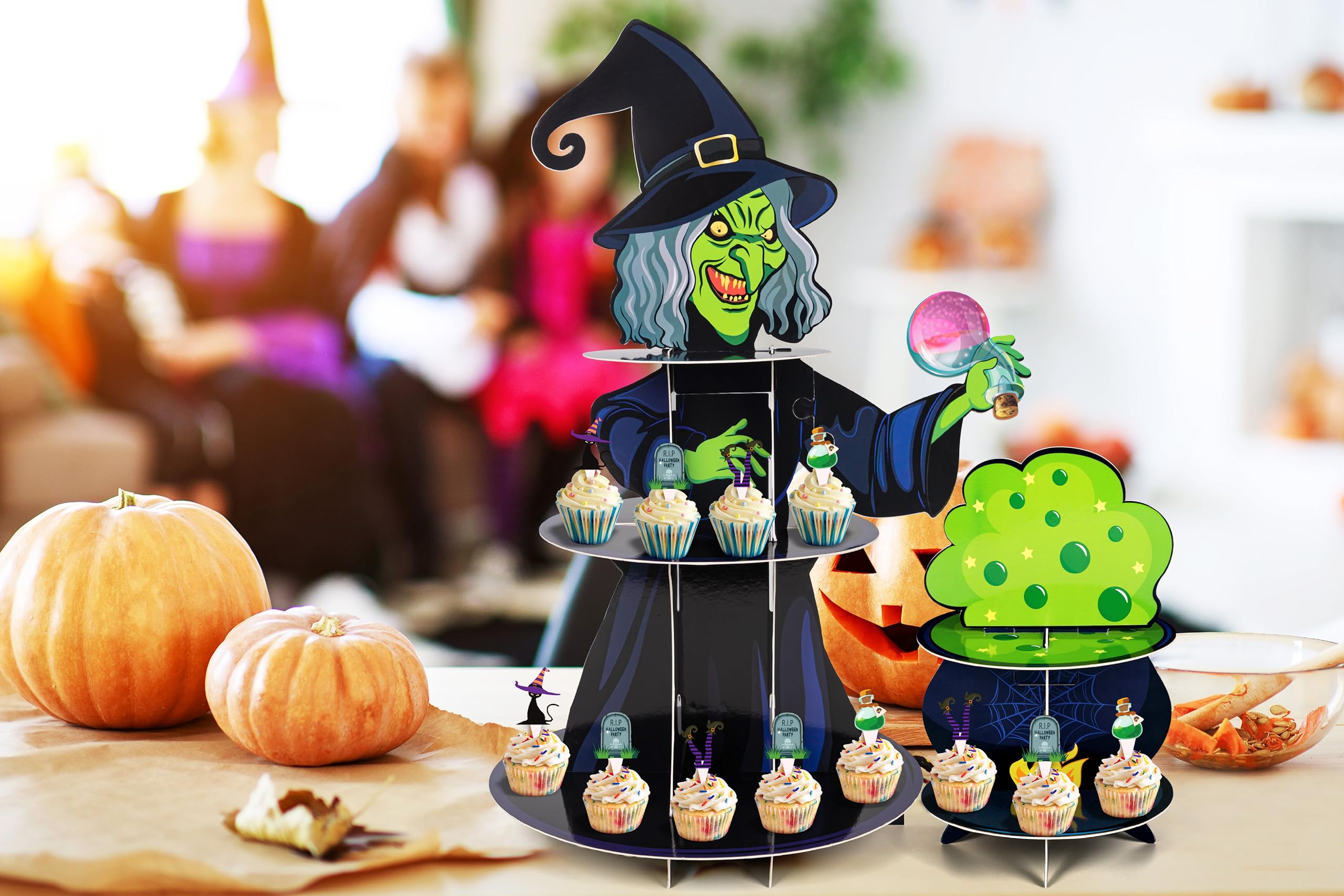 2 Set Halloween Witch Cupcake Stand Decorations, 3 - Tier Cardboard Cauldron Tray Holder Plus 24 Cake Toppers Birthday Party Supplies Decor（Assembly Needed）