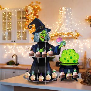 2 Set Halloween Witch Cupcake Stand Decorations, 3 - Tier Cardboard Cauldron Tray Holder Plus 24 Cake Toppers Birthday Party Supplies Decor（Assembly Needed）