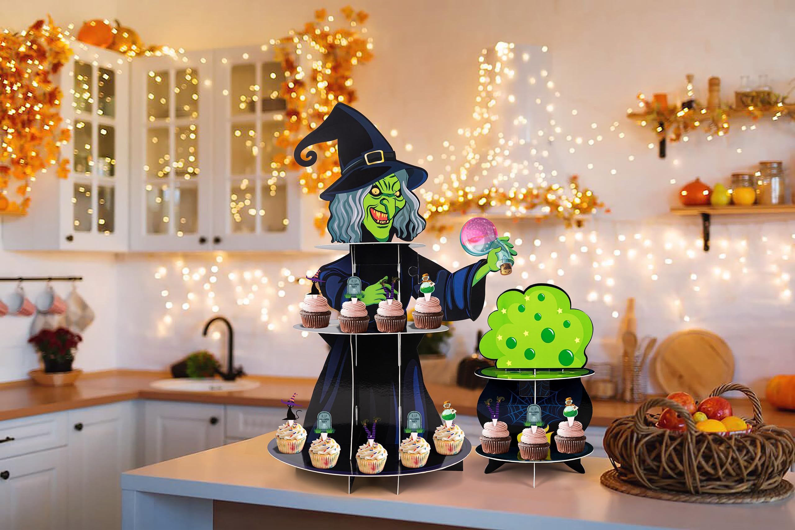 2 Set Halloween Witch Cupcake Stand Decorations, 3 - Tier Cardboard Cauldron Tray Holder Plus 24 Cake Toppers Birthday Party Supplies Decor（Assembly Needed）
