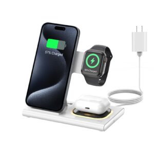 3 in 1 Foldable Charging Station for Apple Products,Fast Wireless Charger Travel Dock Adapter&Light for iPhone 15/14/13/12/11/X/XS/XR 8,iWatch Ultra2/9/Ultra/8/7/6/SE/5/4/3,Air Pods 3/2/Pro/2 (White)