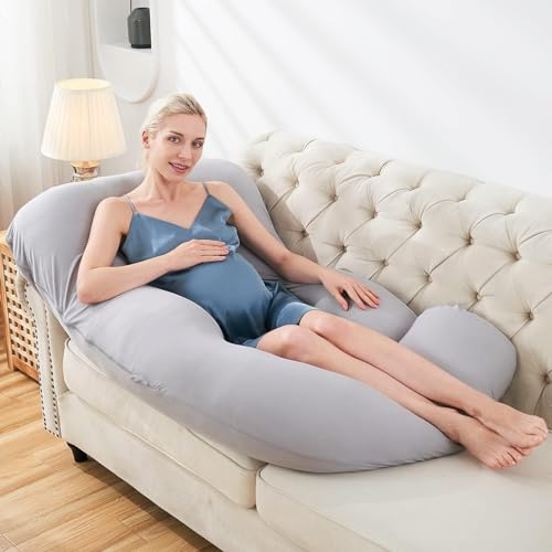 Sasttie Cooling Pregnancy Pillows for Sleeping, 57'' U Shaped Full Body Pillow Pregnant Pillow, Maternity Pillow for Pregnant Women, Pregnancy Must Haves, Light Grey