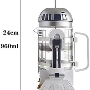 TEENKON French Press Insulated 304 Stainless Steel Coffee Maker, 32 Oz Robot R2D2 Hand Home Coffee Presser, with Filter Screen for Brew Coffee and Tea (White)