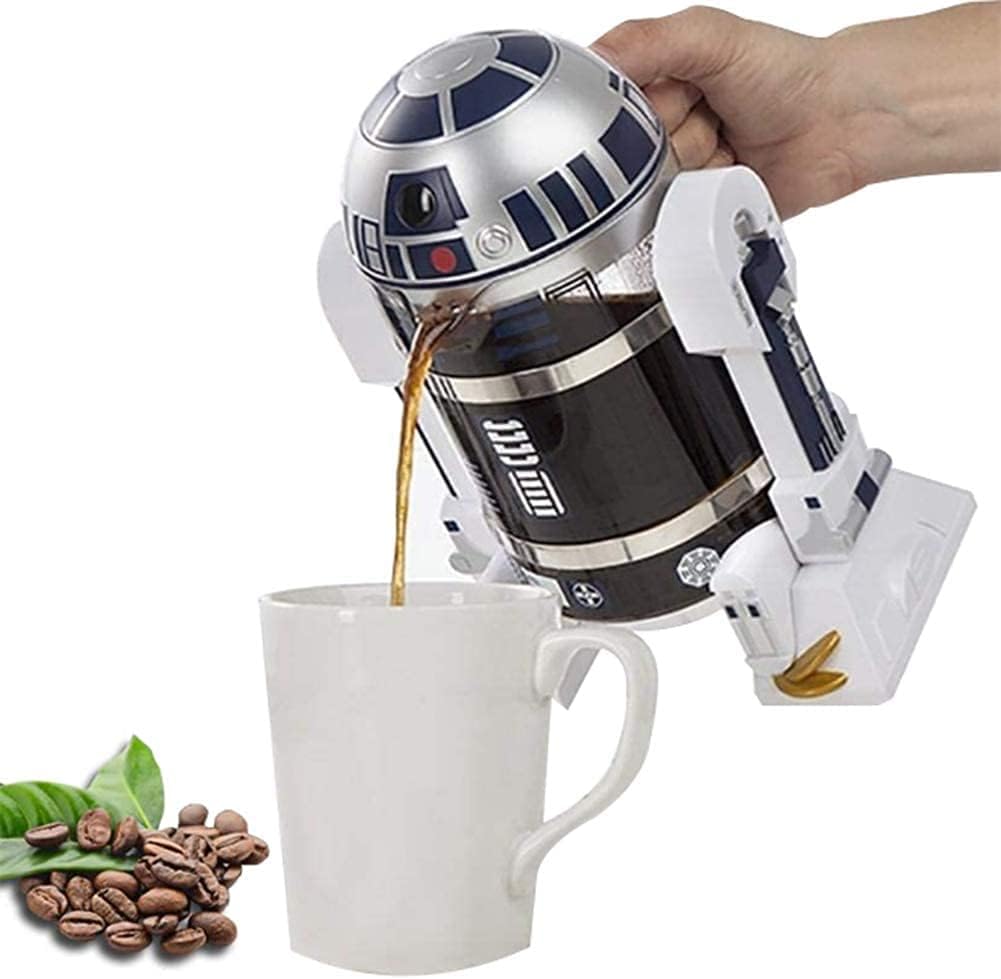 TEENKON French Press Insulated 304 Stainless Steel Coffee Maker, 32 Oz Robot R2D2 Hand Home Coffee Presser, with Filter Screen for Brew Coffee and Tea (White)